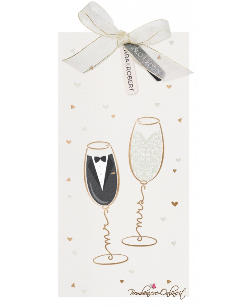 Partecipazione matrimonio Mr e Mrs con bicchiere champagne