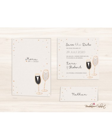 Partecipazione matrimonio Mr e Mrs con bicchiere champagne