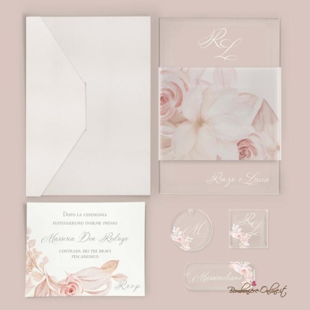 Partecipazione di nozze in plexiglass con Fascia Tralcio Rose