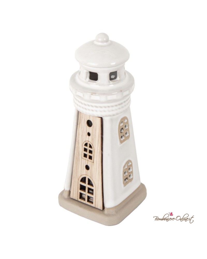 Bomboniera Faro Medio in Porcellana e Legno con Luce Led